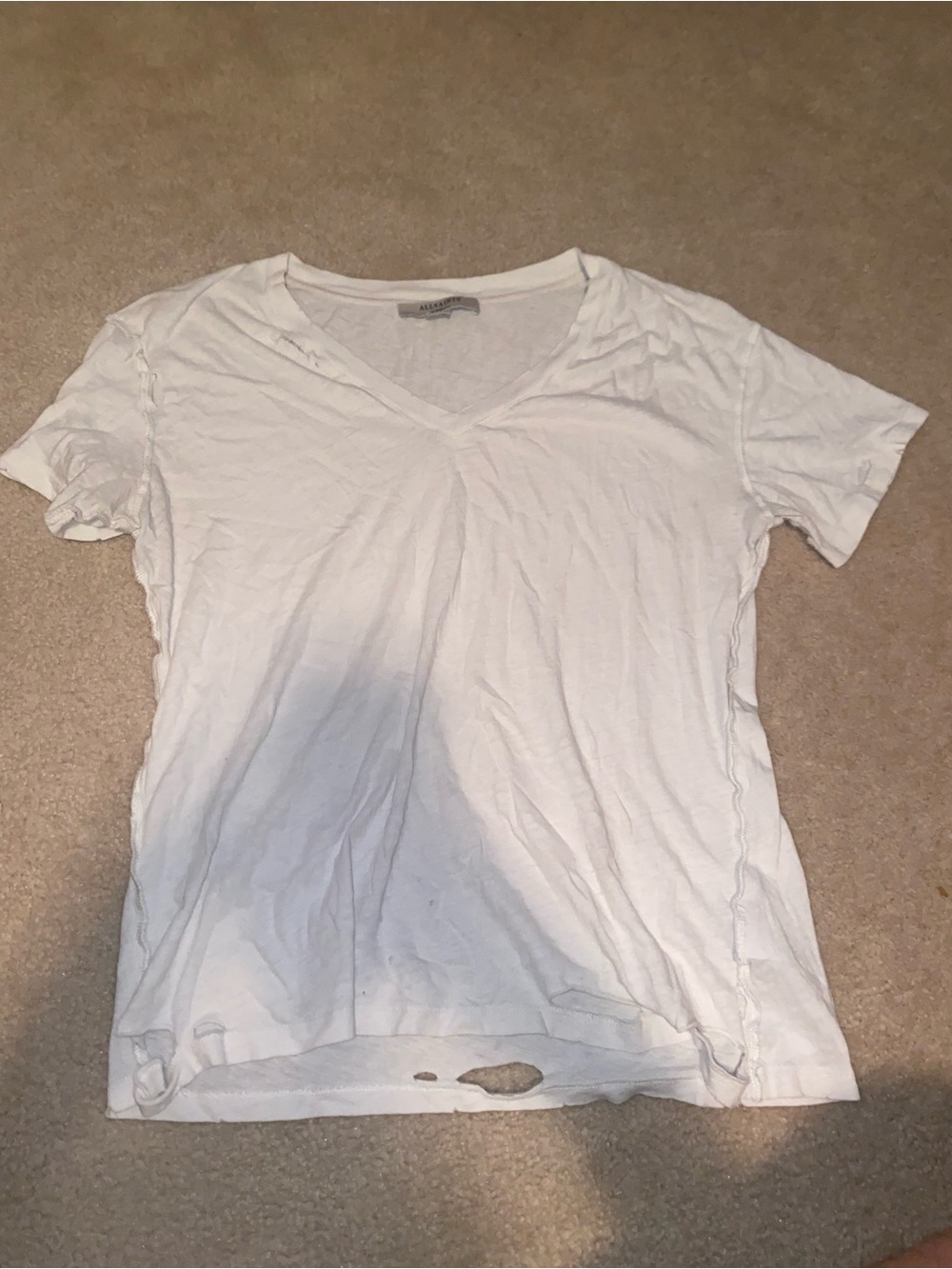 Classic All Saints Distressed V-Neck Short Sleeve Tee in White